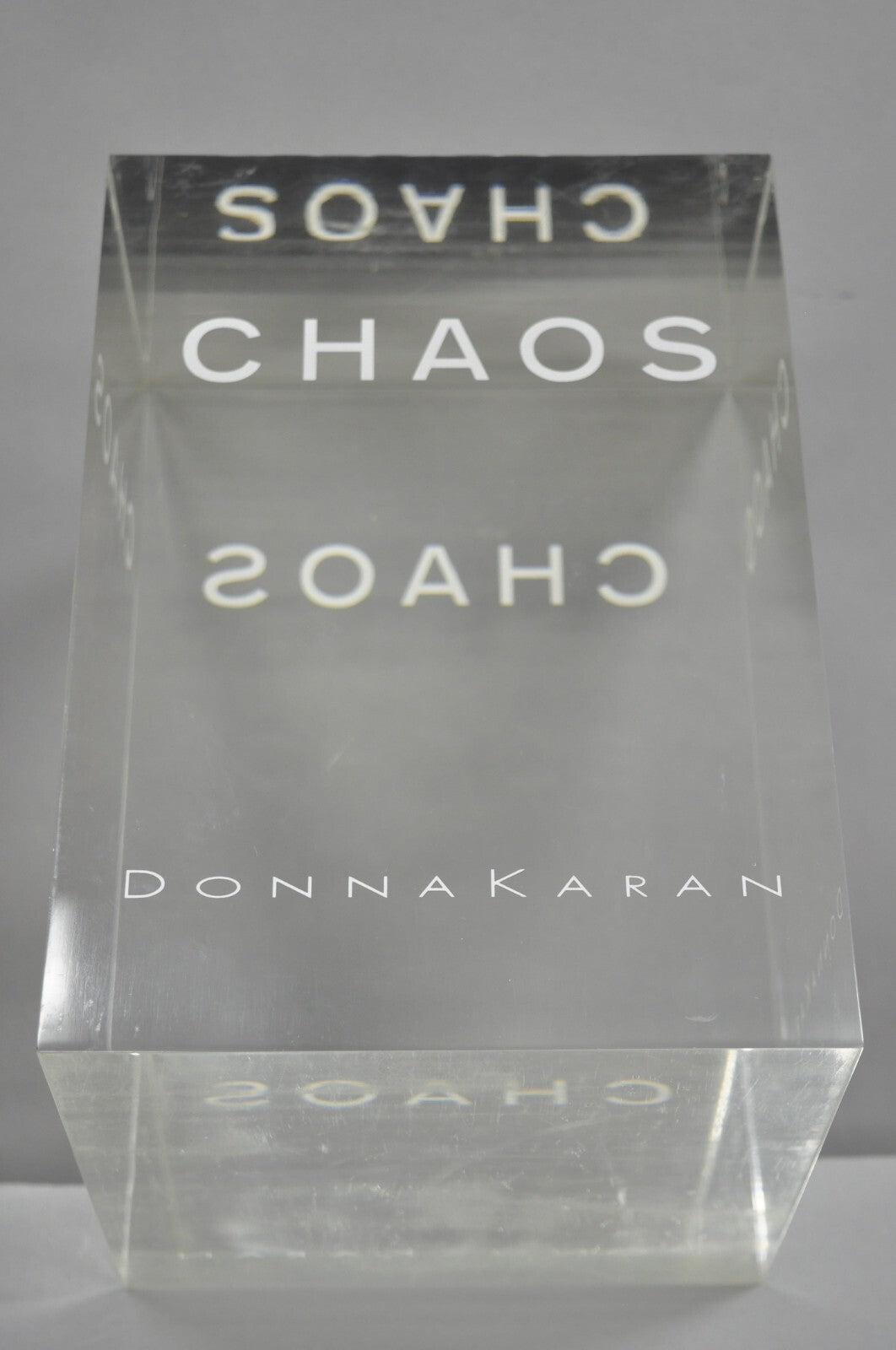 Donna Karan "Chaos" Heavy Acrylic Lucite Cube Perfume Retail Pedestal Display