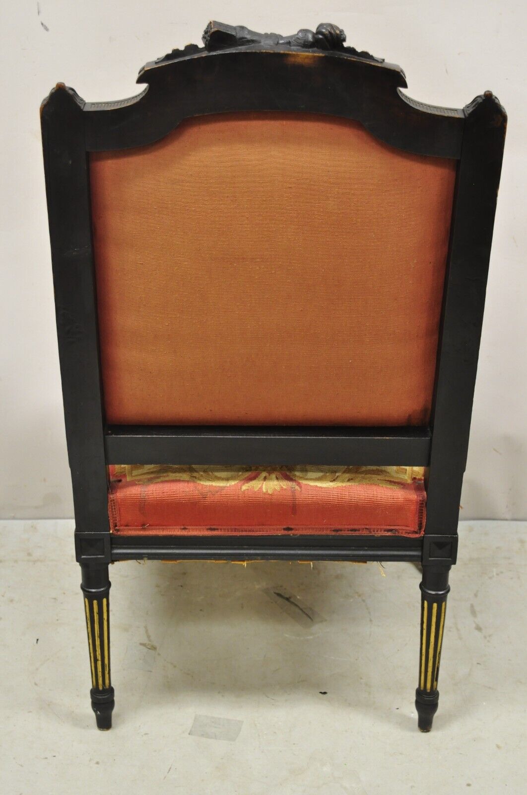 Antique French Empire Black Ebonized Walnut Needlepoint Parlor Arm Chair