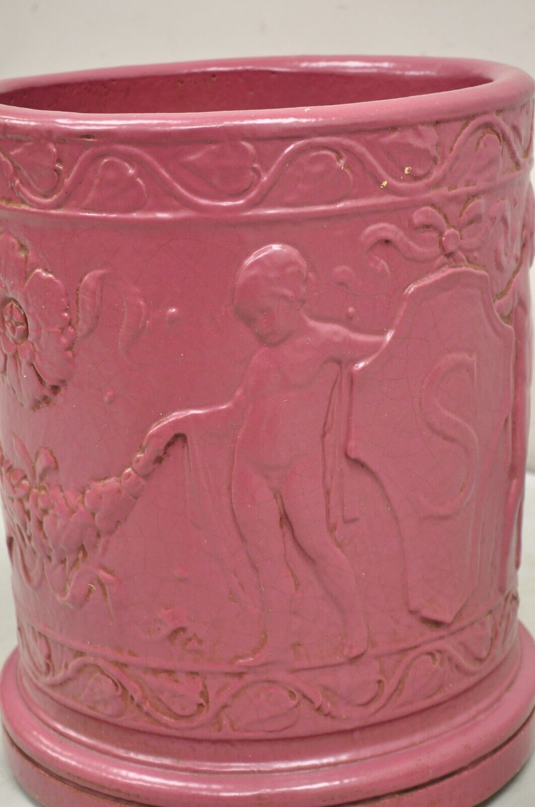 Antique Purple Glazed Stoneware Pottery Italian Classical Putti Shield Planter