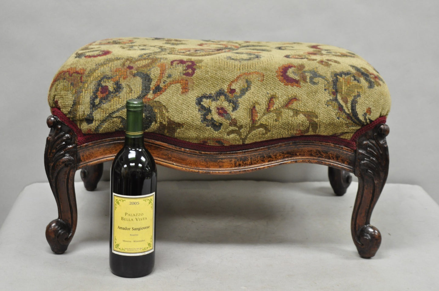 Antique French Louis XV Style Victorian Carved Mahogany Ottoman Footstool