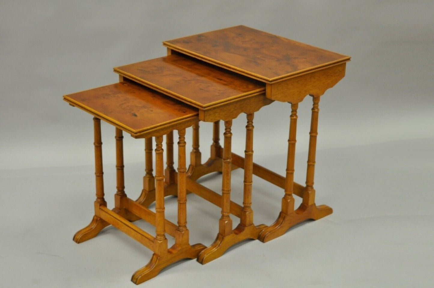 Vintage English Georgian Style Faux Bamboo Yew Wood Nesting Side Tables - Set 3