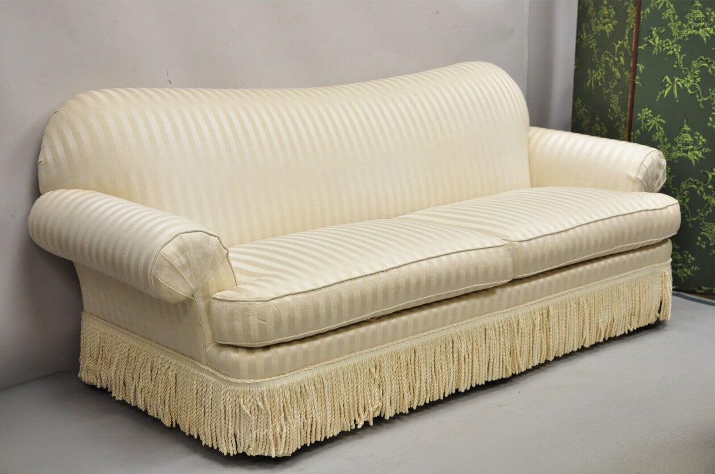 Ethan Allen Contemporary Rolled Arm Gold Striped Upholstered Sofa with Skirt