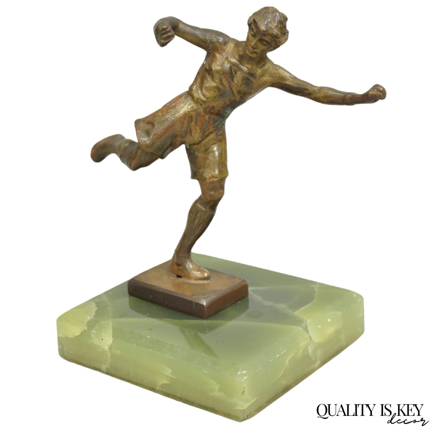 Antique Art Deco Small 6" Bronze Onyx Base Soccer Futbol Player Sculpture Figure