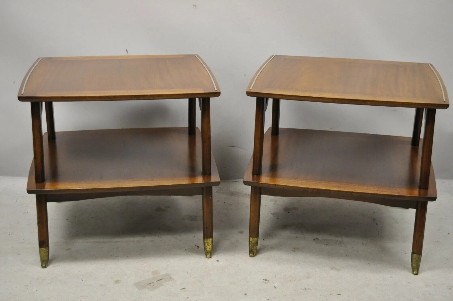 Vintage Mid Century Modern Sculpted Walnut 2 Tier End Tables w Brass Feet - Pair