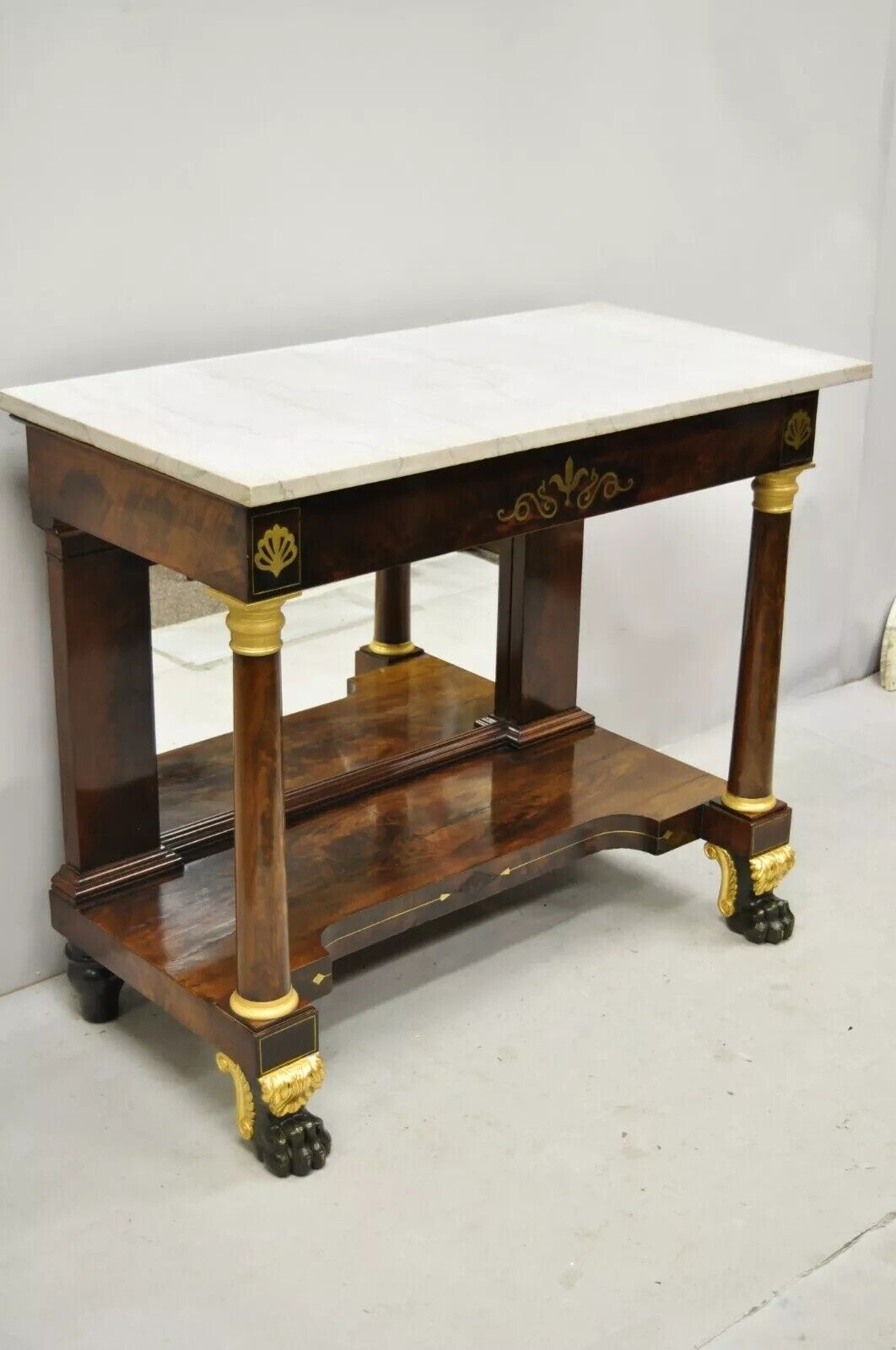 19th Century French Empire Marble Top Bronze Ormolu Paw Feet Console Hall Table