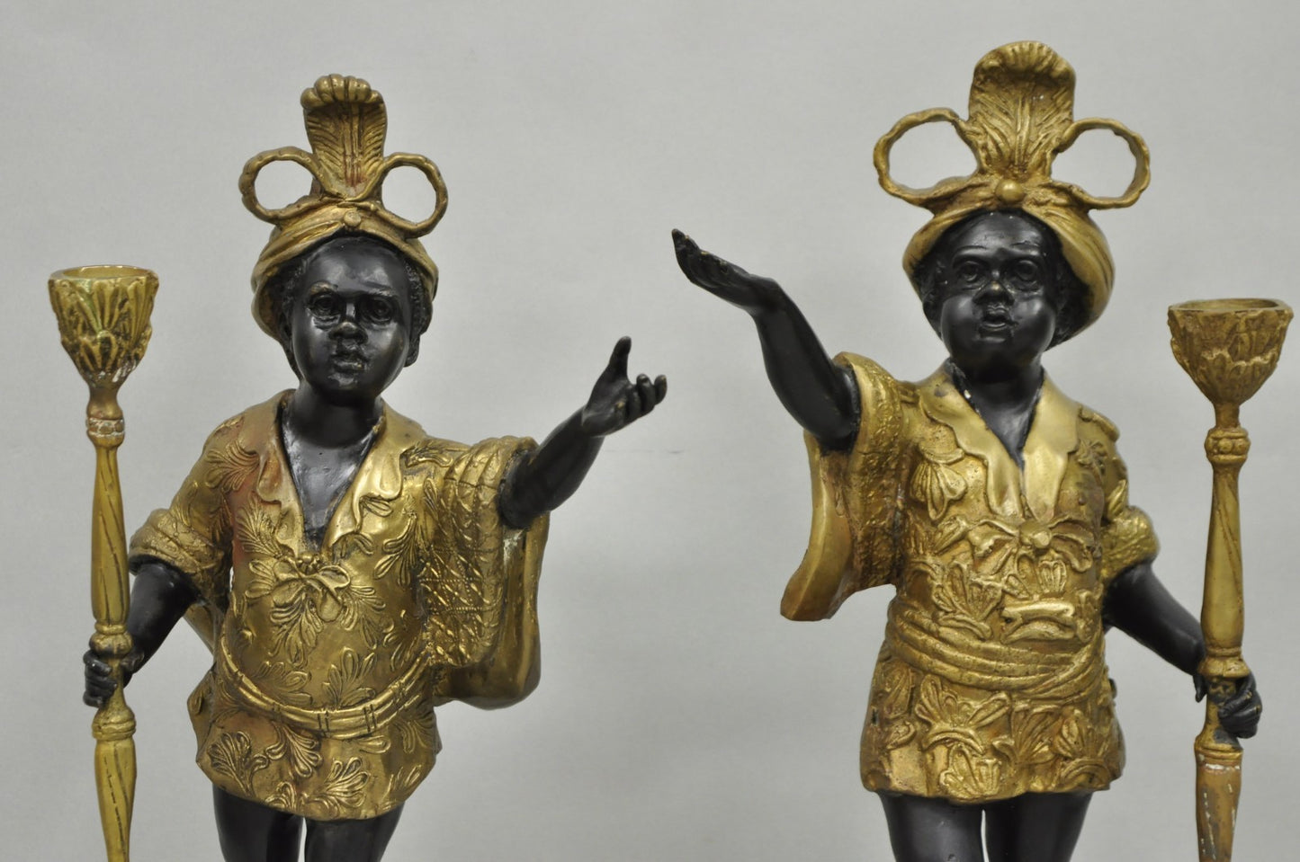 Vintage Moorish Venetian Blackamoor Figural Bronze Candelabra Candle Holder Pair