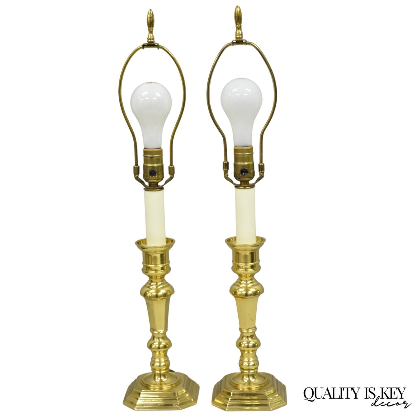 Vintage Federal Style Polished Brass Candlestick Small Vanity Table Lamps a Pair
