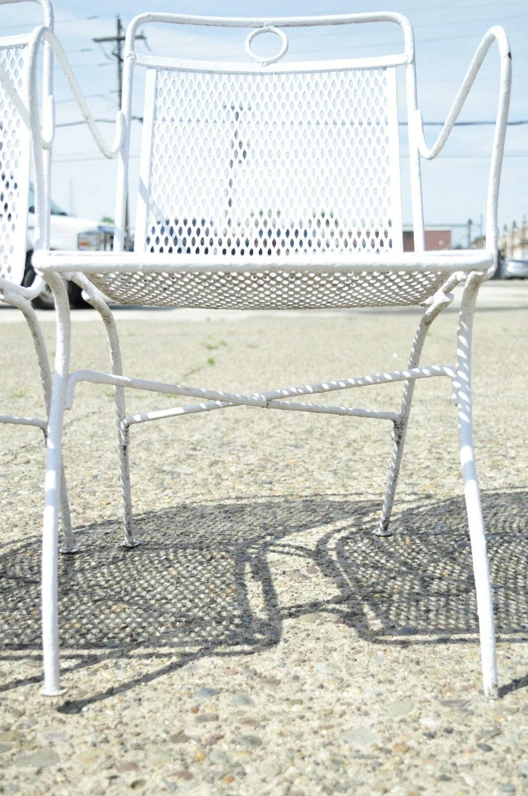Vintage Russell Woodard White Wrought Iron Garden Patio Arm Chairs - a Pair