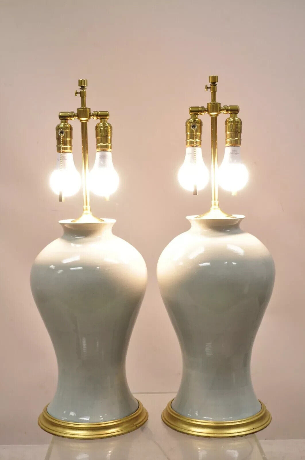 Chinoiserie Porcelain Celadon Green Glazed Ceramic Temple Jar Table Lamps - Pair