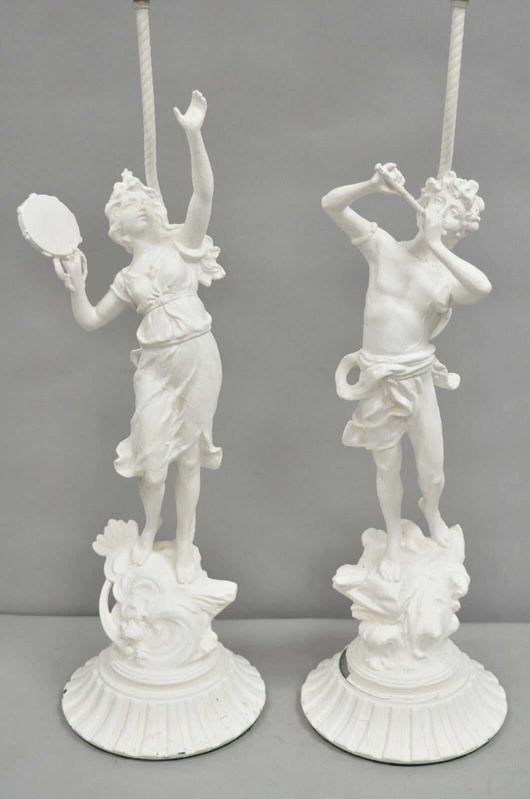 Antique French Renaissance White Painted Metal "Musicians" Table Lamps - a Pair