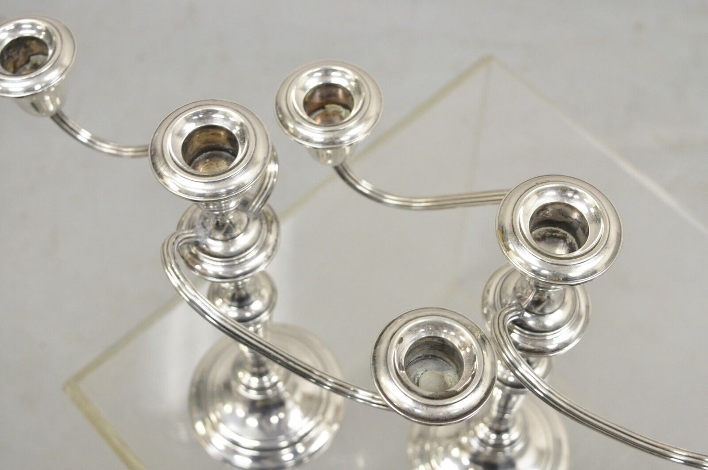 Gorham 808/1 Weighted Sterling Silver 3 Light Candlestick Candle - a Pair