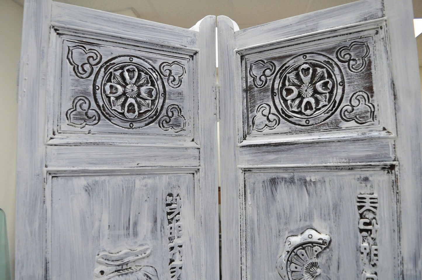 Boho Chic Oriental 4 Panel Screen White Distress Painted Wooden Room Divider