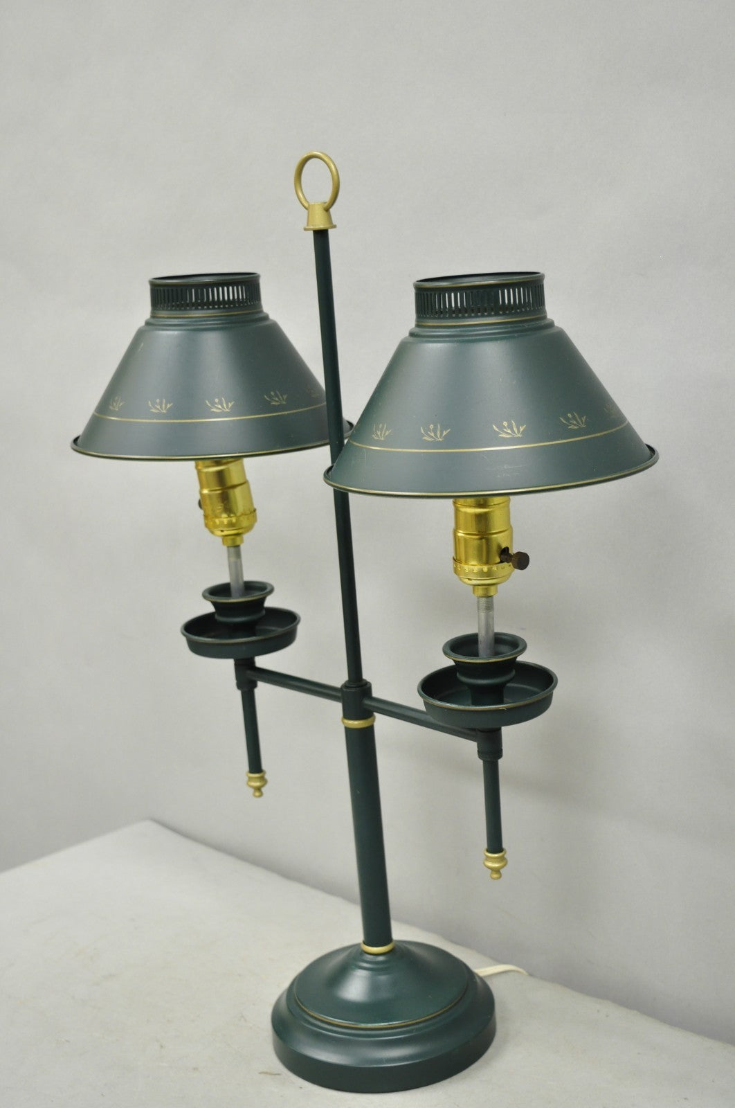 Vintage French Country Green Tole Metal Double Candlestick Table Lamp w/ Shades