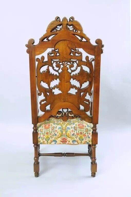 Antique Italian Renaissance Figural Bird & Lion Carved Walnut Throne Chair