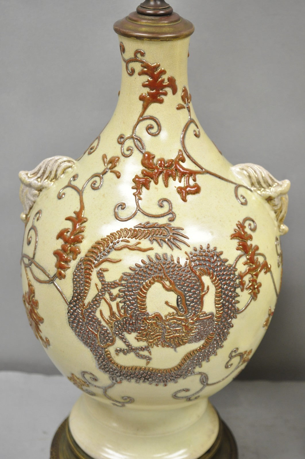 Antique Japanese Ceramic Beige Figural Dragon Vase Form Table Lamps - a Pair