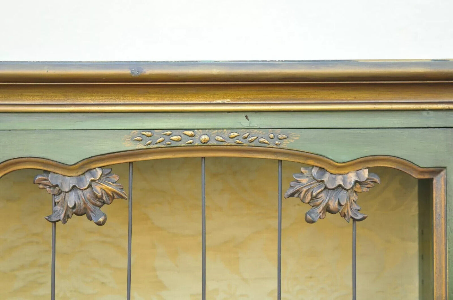 English Chinoiserie Green Distress Painted Tall George III Curio Display Cabinet