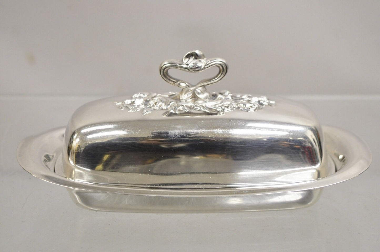 Vintage Art Nouveau Silver Plated Covered Butter Dish w/ Glass Liner by Pilgrim