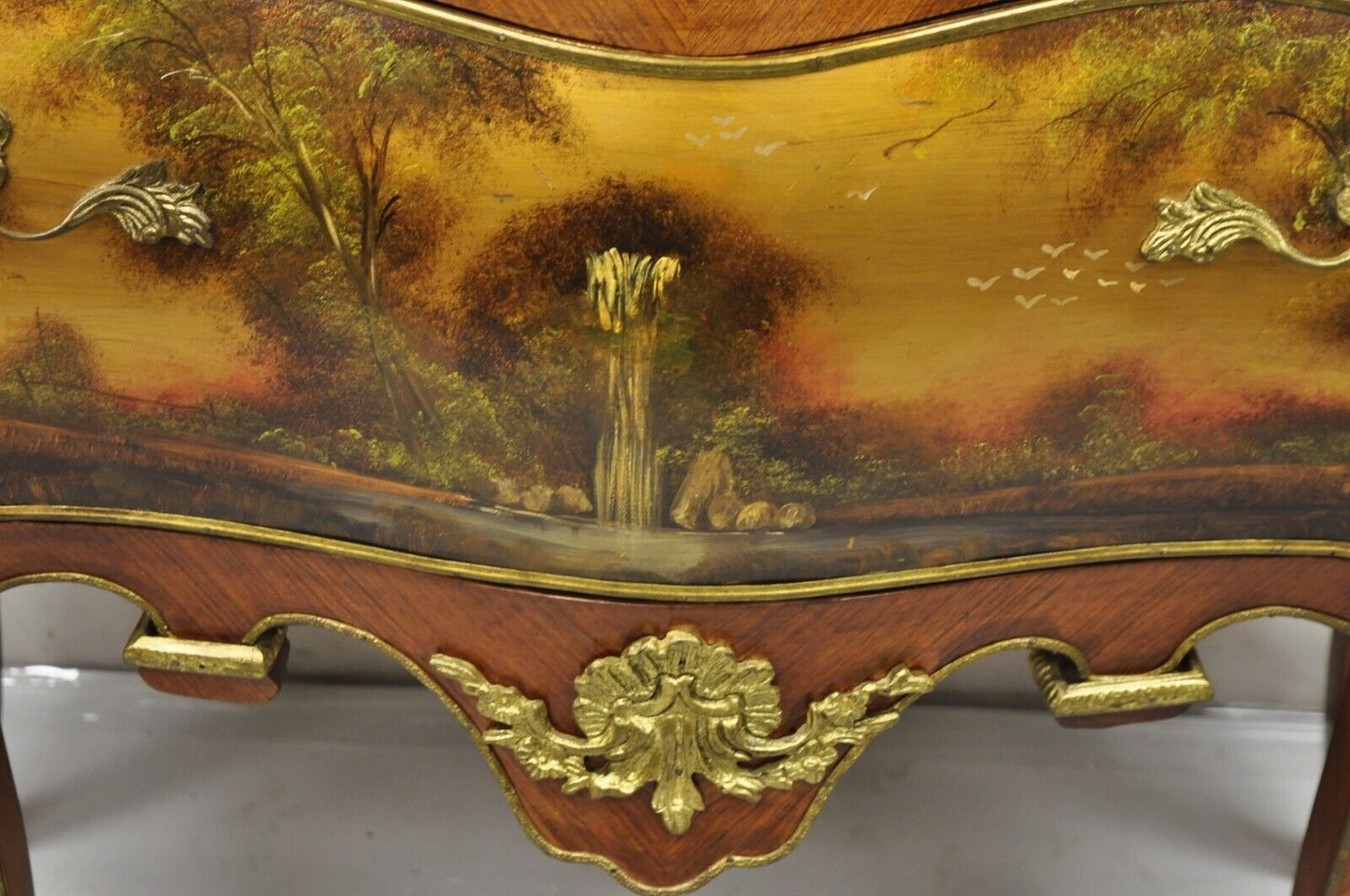 Vintage French Louis XV Style Marble Top Bombe Hand Painted Commode Chest