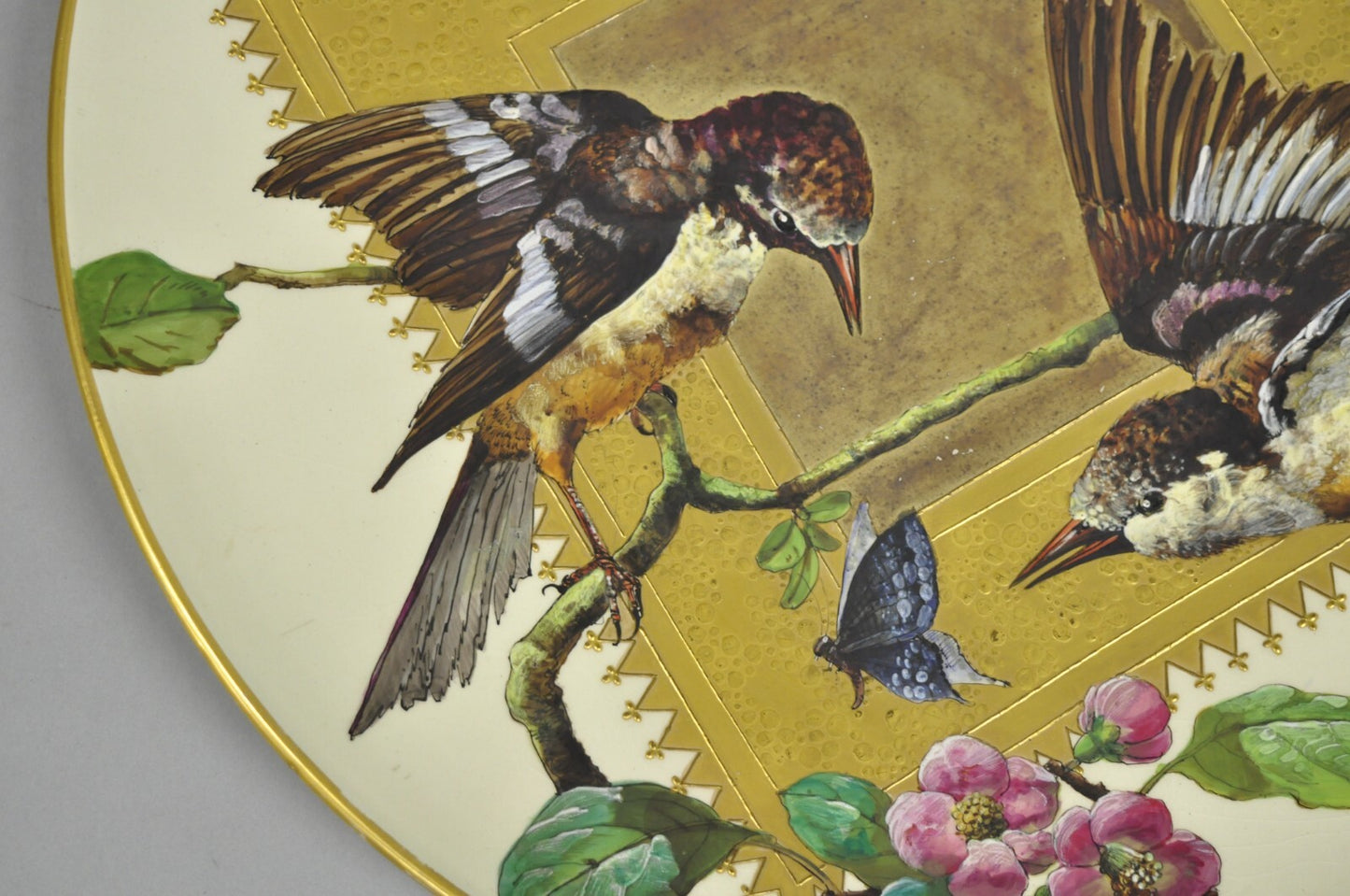 Antique Montereau B&Cie Faience French Porcelain Hand Painted Bird Charger Plate