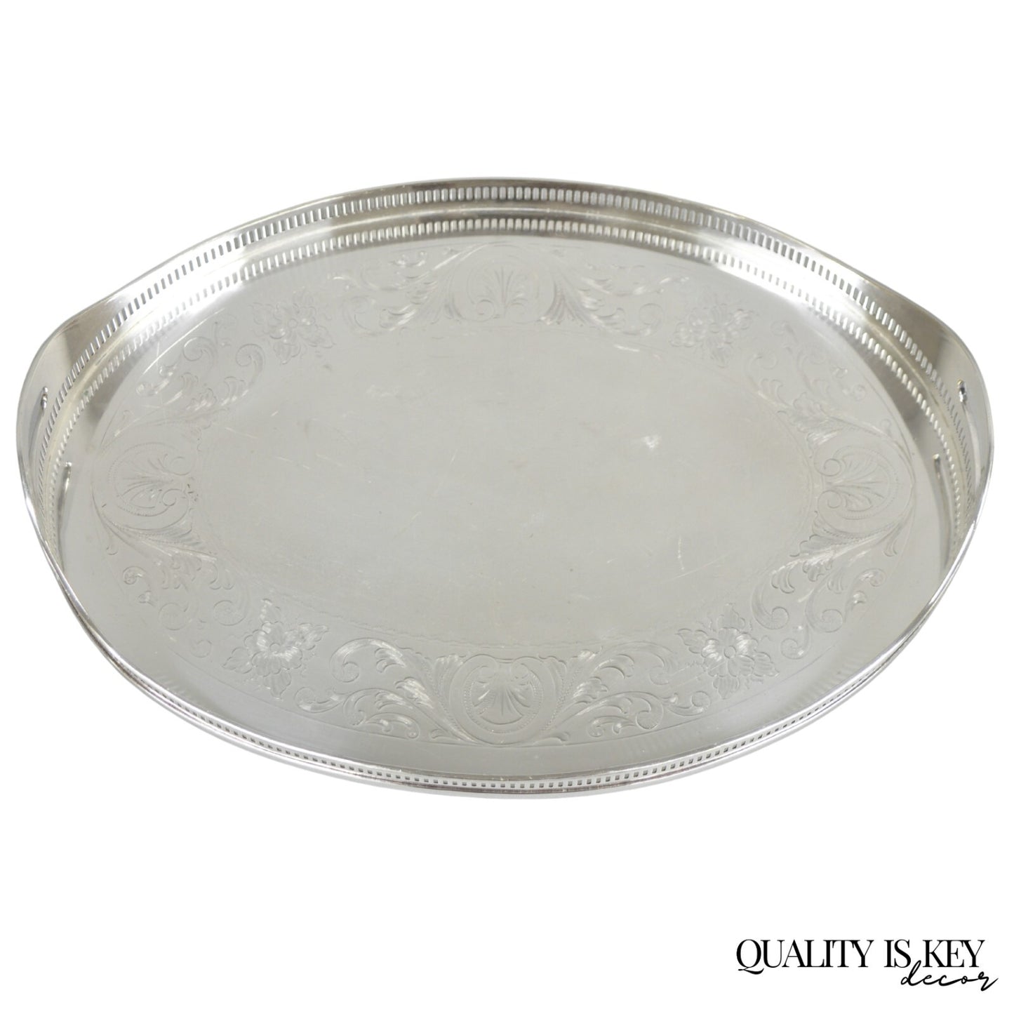 Antique English Sheffield Edwardian Silver Plated Oval 16" Bar Tray w/ Gallery