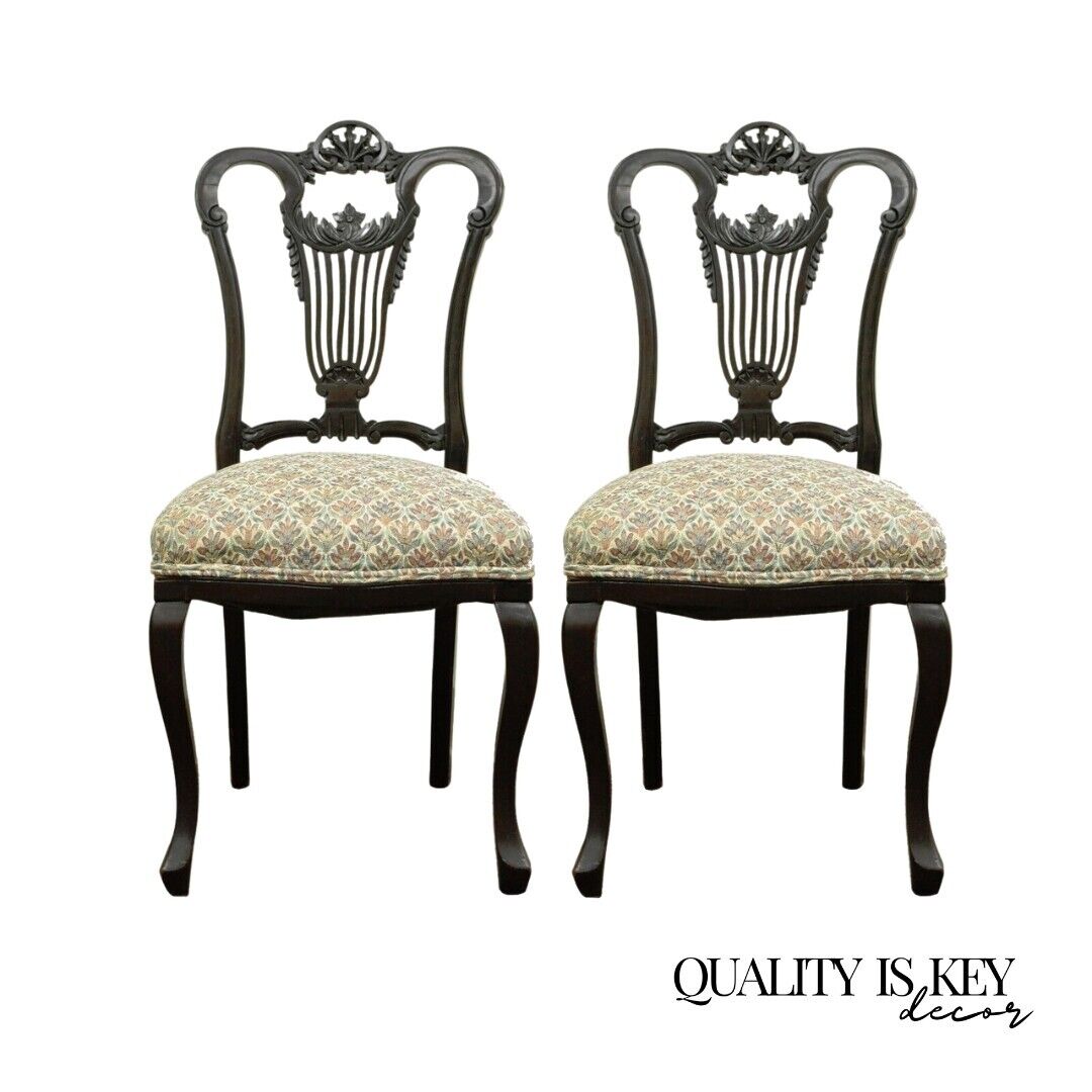 Antique Victorian Carved Mahogany Lyre Back Small Accent Side Chairs - a Pair