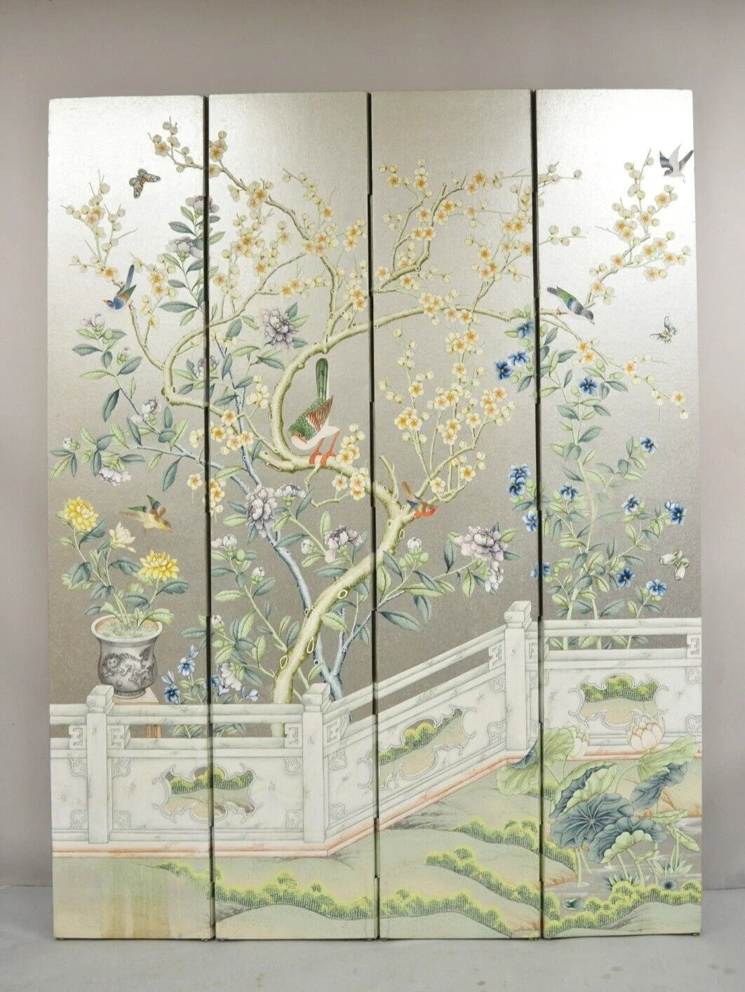 Vintage Chinoiserie Silver Leaf Birds Butterflies 4 Panel Screen Room Divider A