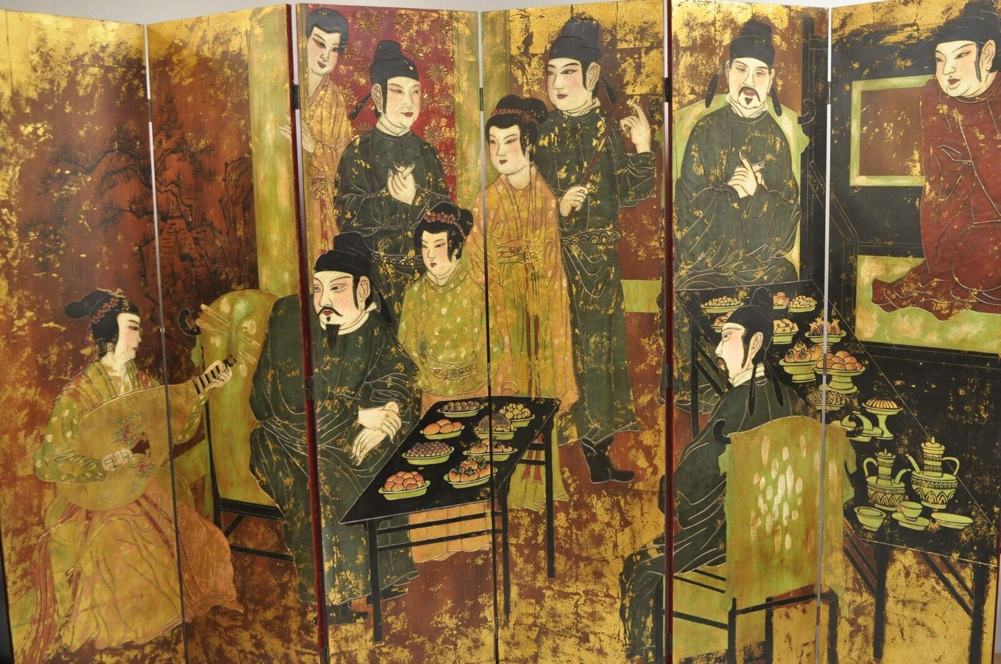 Large Chinoiserie Chinese 6 Panel Figural Red Folding Screen Room Divider
