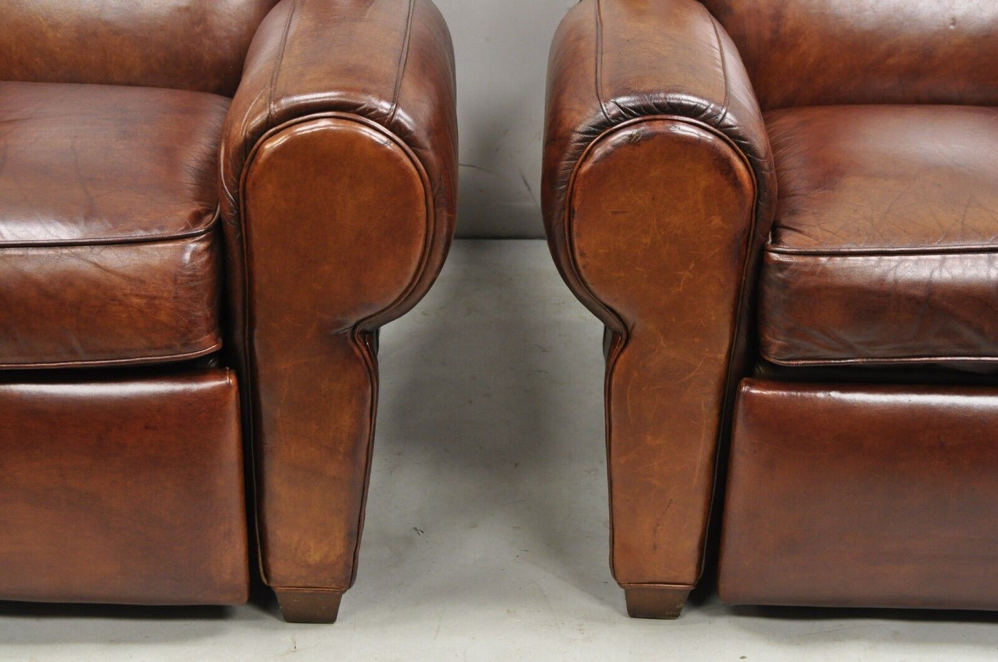Pottery Barn Manhattan Brown Leather Recliner Art Deco Club Chairs - a Pair