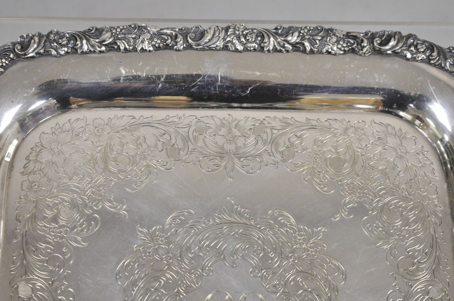 Vintage English Victorian Sliver Plated 15" Square Platter Tray With Monogram