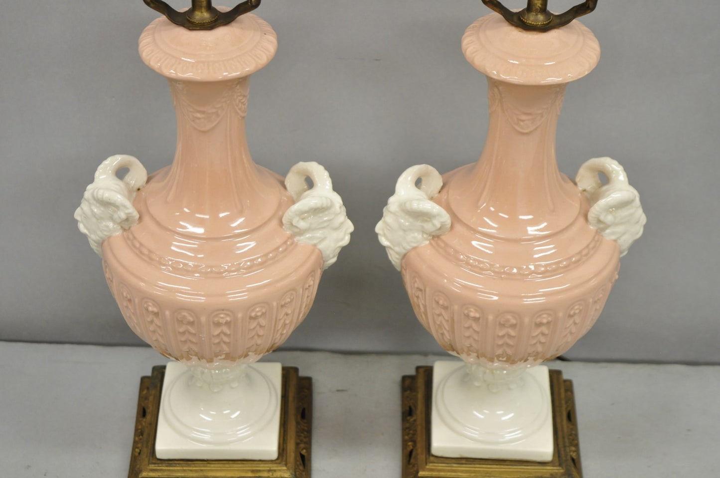 Vintage Italian Neoclassical Pink Porcelain Urn Table Lamps w/ Bearded Man, Pair