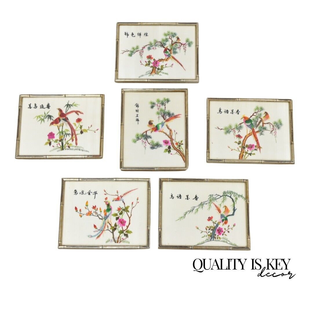 Vintage Chinoiserie Silk Needlepoint Chinese Japanese Asian Wall Art - Set of 6