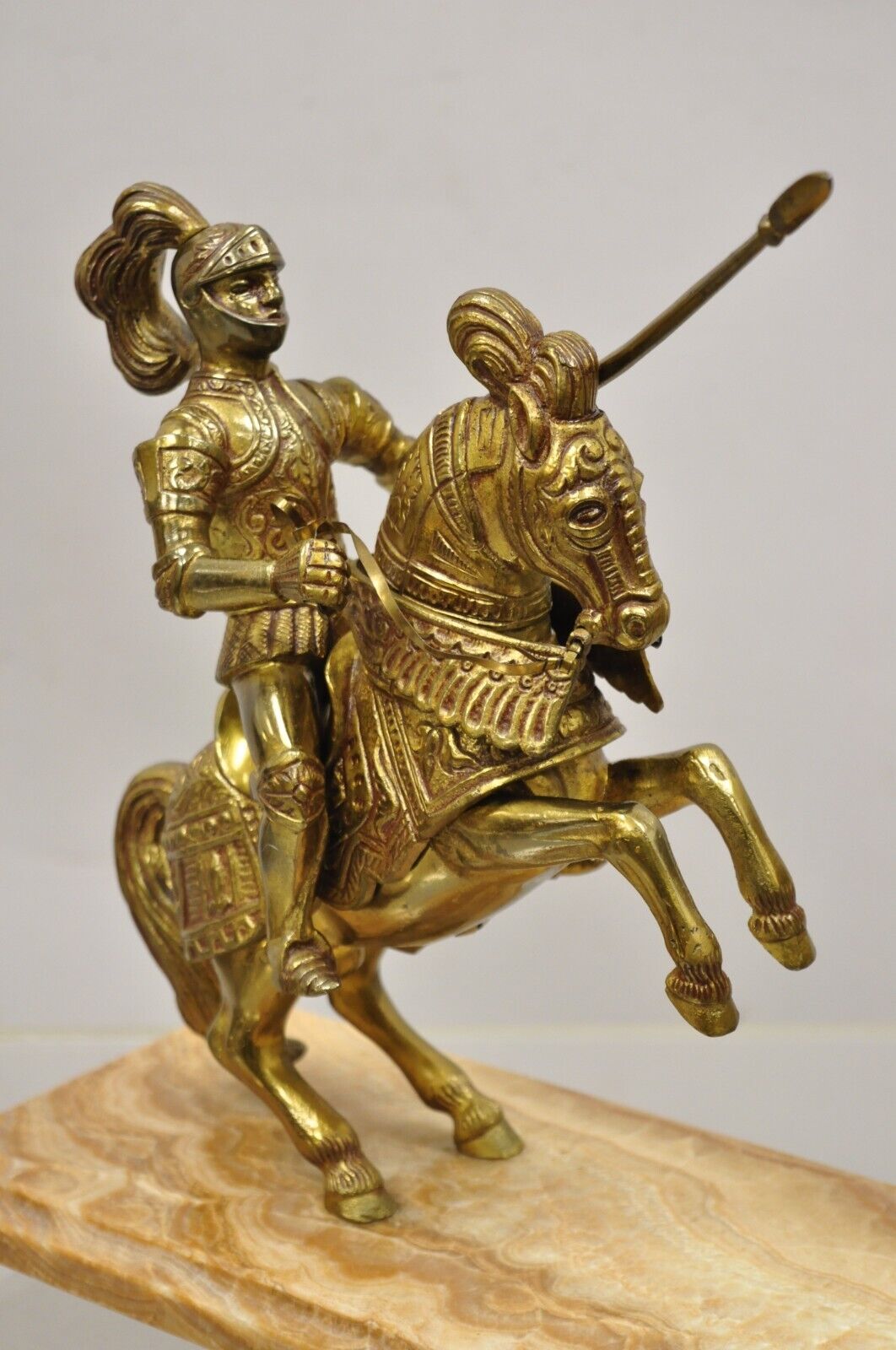 Cast Metal Marble Base Renaissance Style Gothic Soldier on Horse Statue Figure