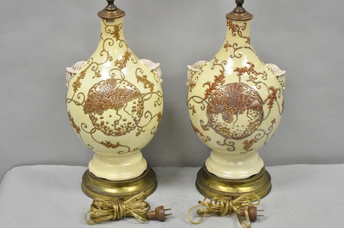Antique Japanese Ceramic Beige Figural Dragon Vase Form Table Lamps - a Pair