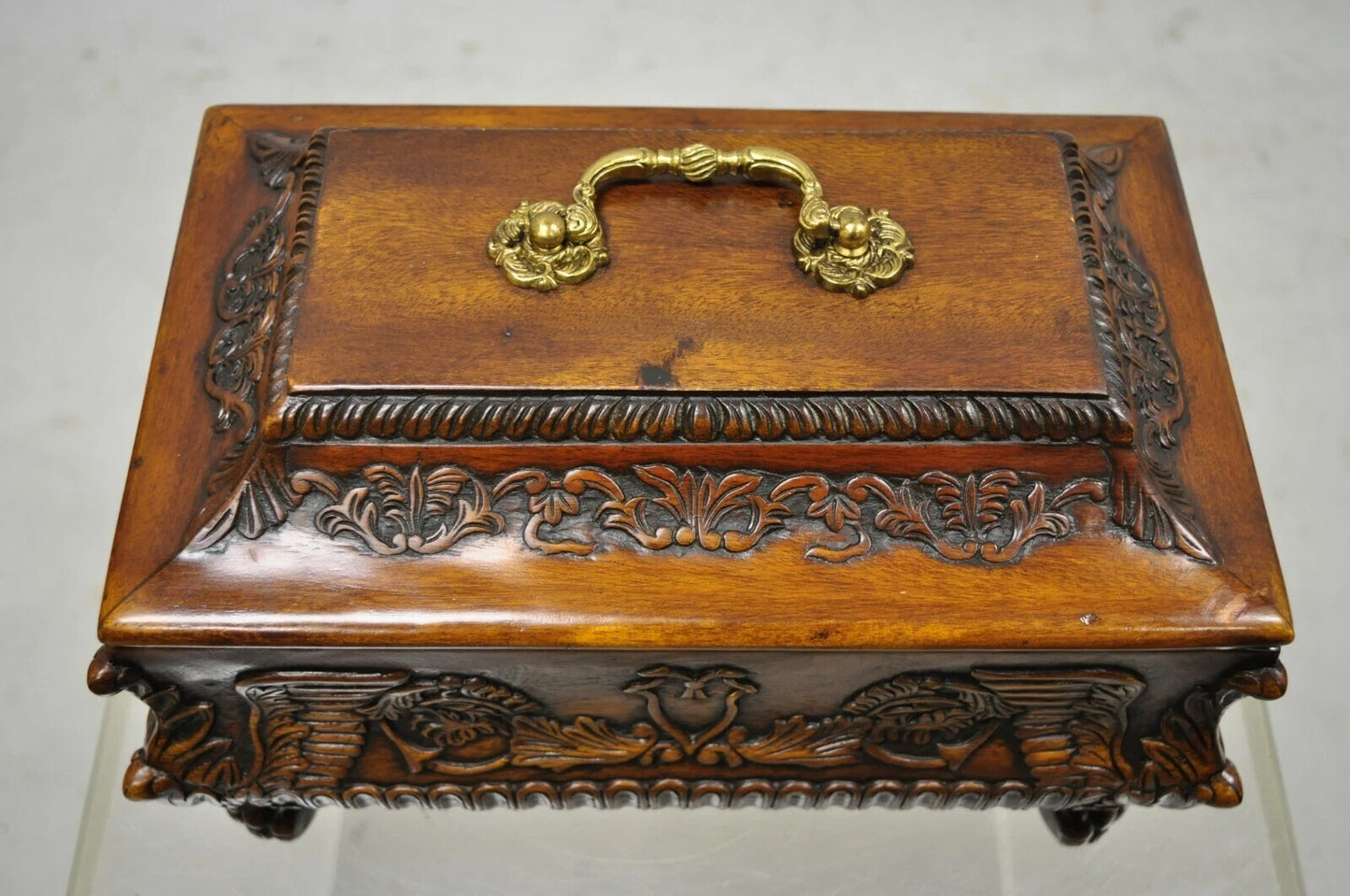 French Empire Rococo Style Carved Mahogany Paw Foot Jewelry Vanity Trinket Box