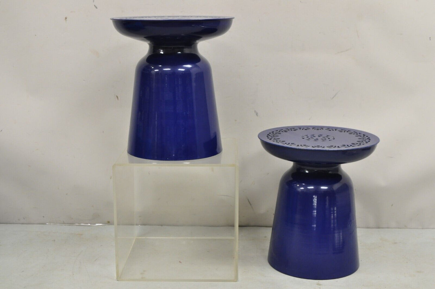 Modern Navy Blue Perforated Metal Garden Stool Side Table - a Pair