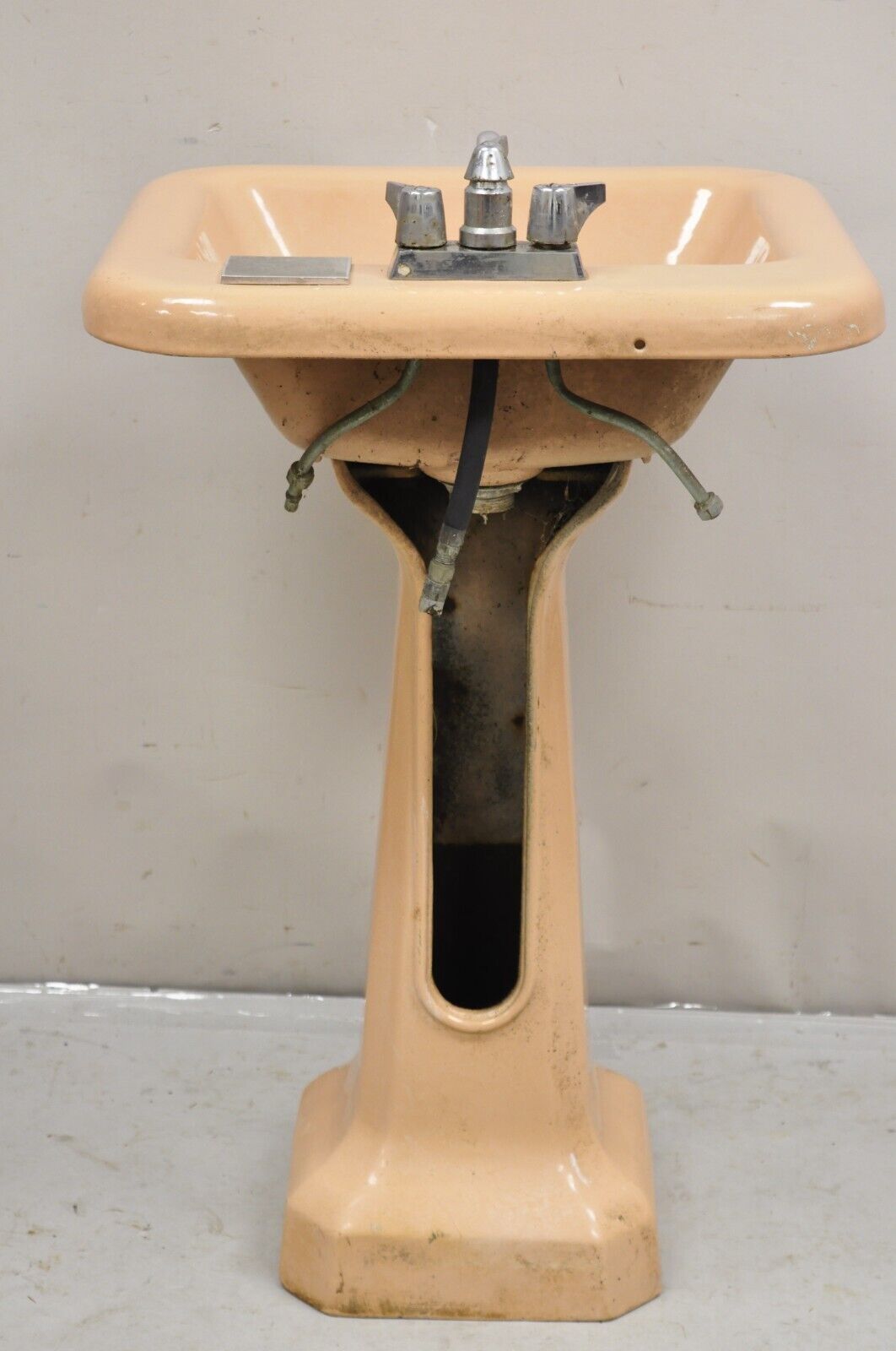 Vintage Mid Century Porcelain Enamel Salmon Pink Bathroom Pedestal Sink