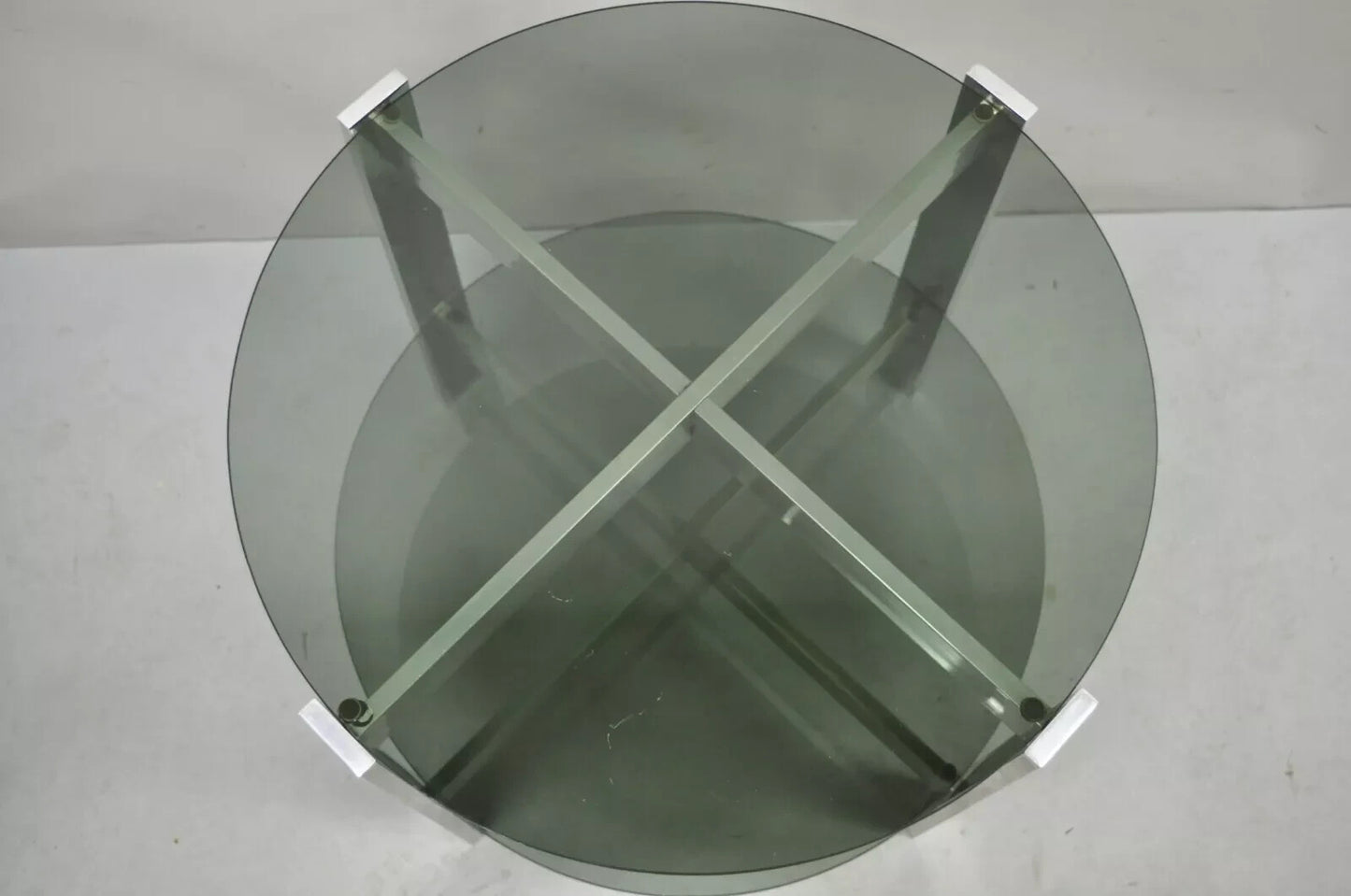 Vintage Mid Century Modern Round Smoked Glass 2 Tier Aluminum Base Side Table