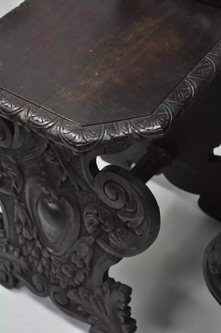 18th C. Italian Renaissance Lion Carved Walnut Sgabello Hall Chairs - a Pair