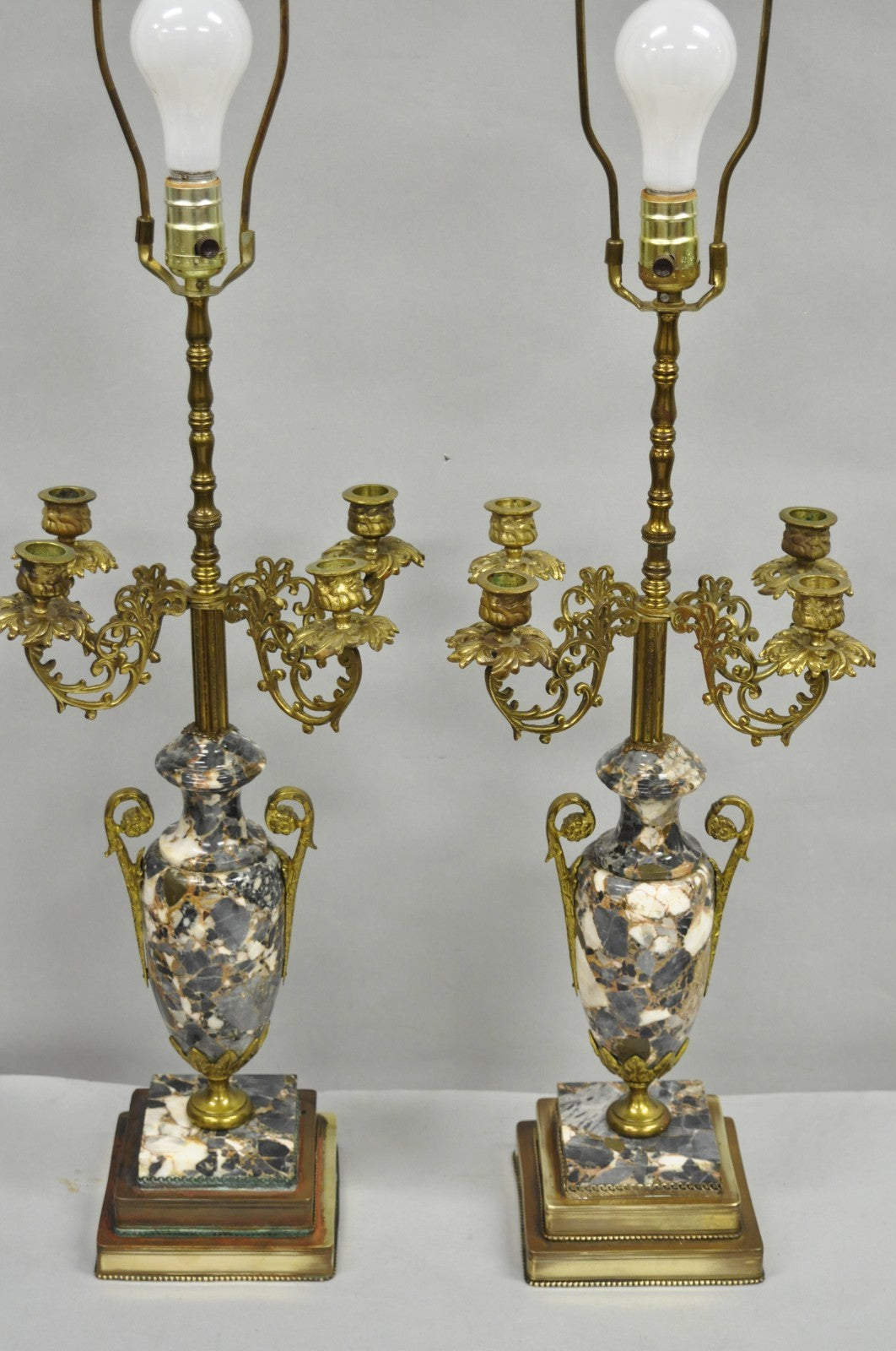 Antique French Empire Neoclassical Marble Urn Brass Candelabra Table Lamp Pair
