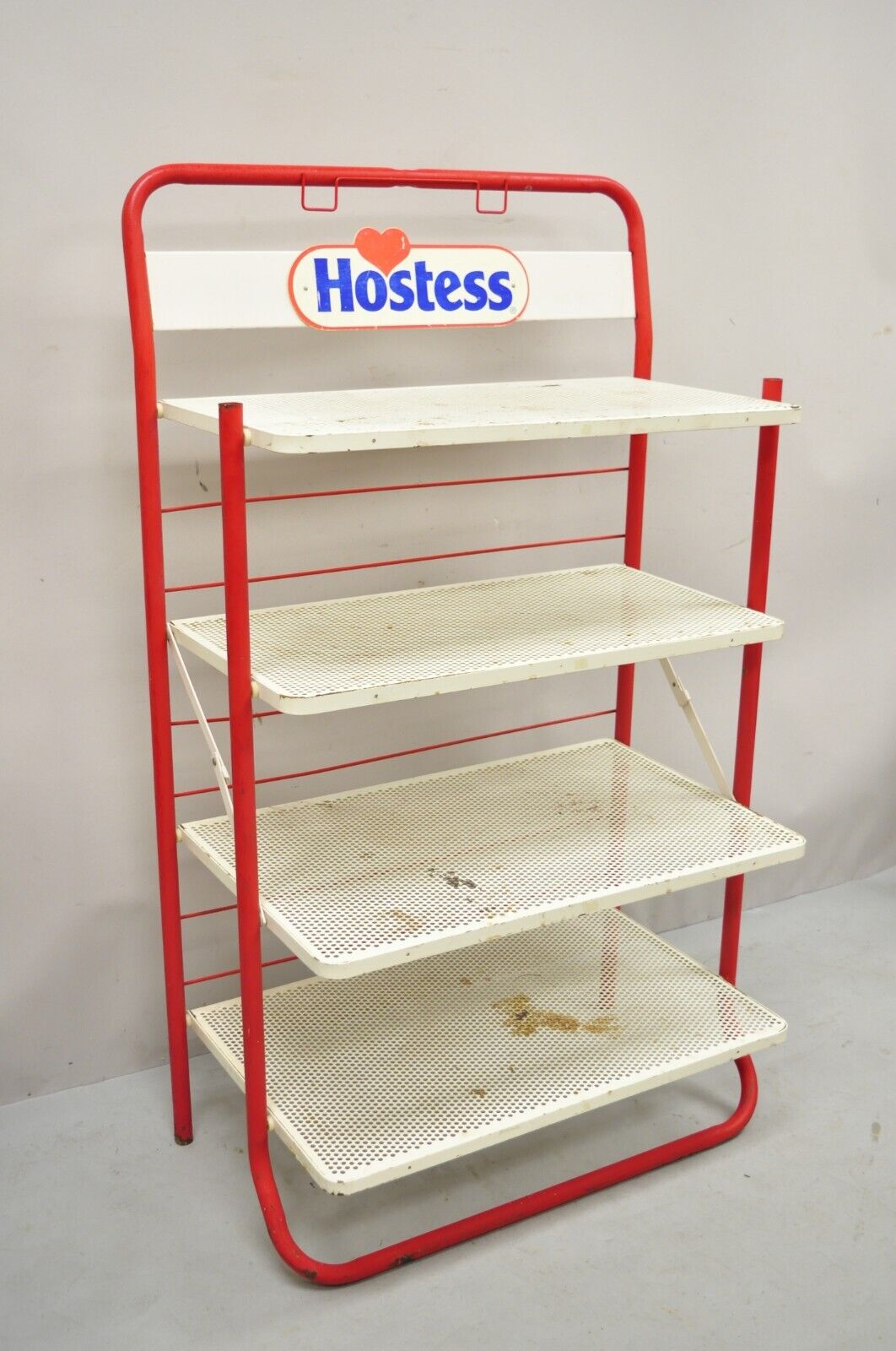 Vintage Hostess Red Metal Perforated 4 Shelf Folding Display Shelf Stand