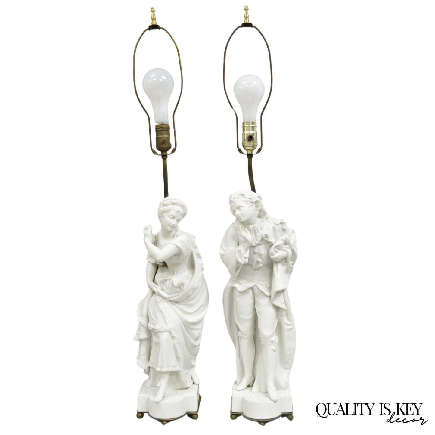 Victorian White Parian Porcelain Figural Bisque Man and Woman Table Lamps, Pair