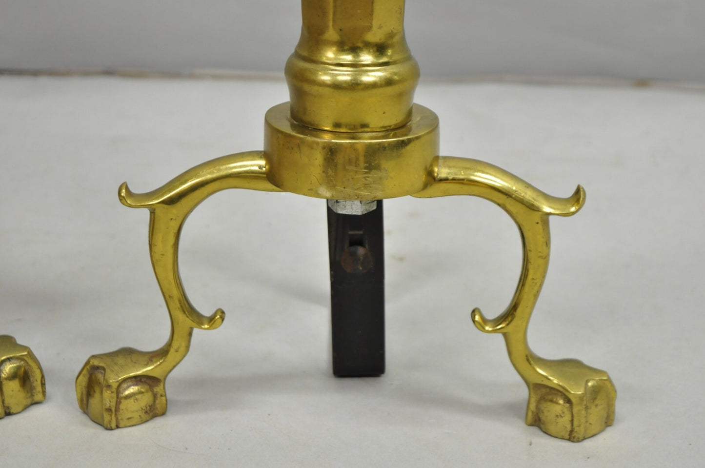 Vintage Federal Style Brass Branch Foot Gold Fireplace Andirons - a Pair