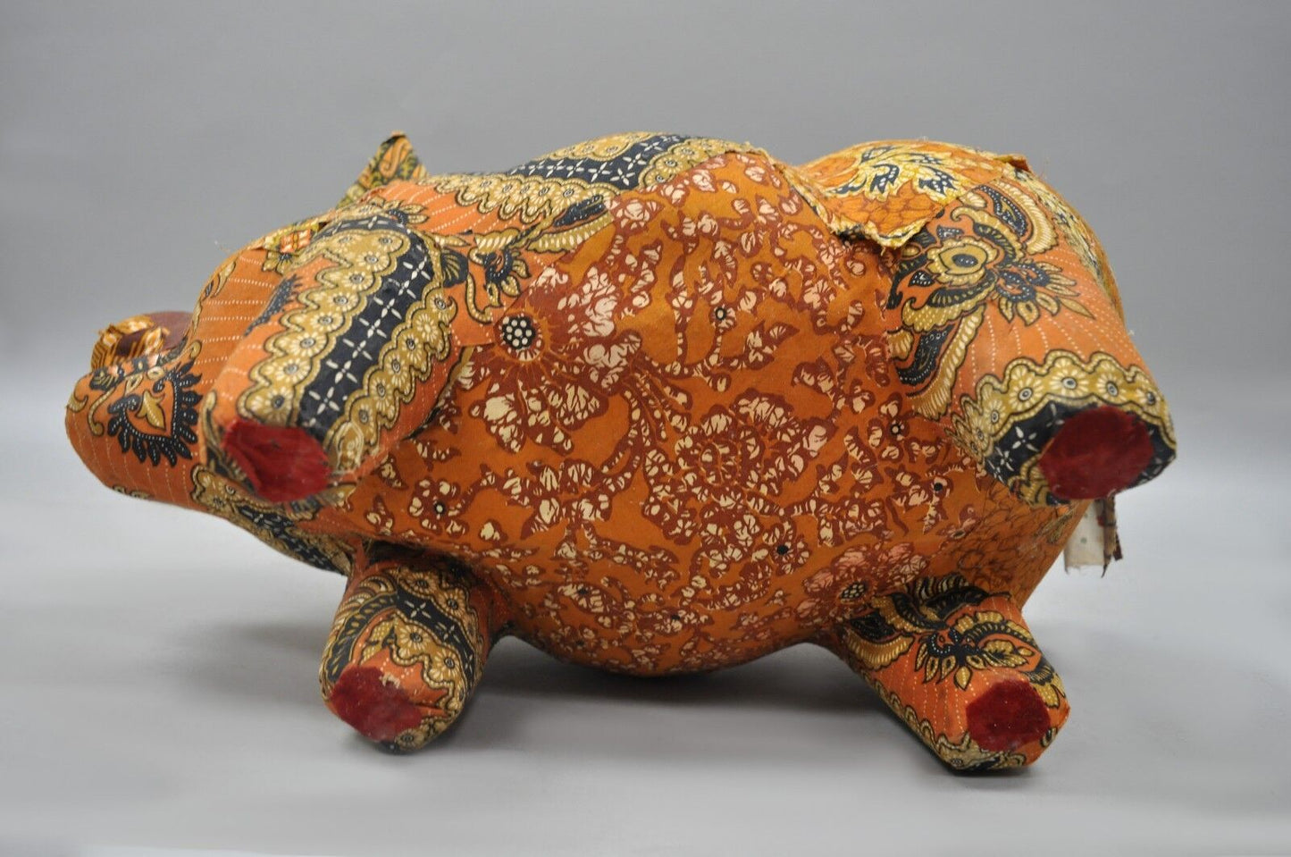 Vintage Boho Chic Paper Mache Pig Planter Pot Orange Fabric Eclectic Collectible