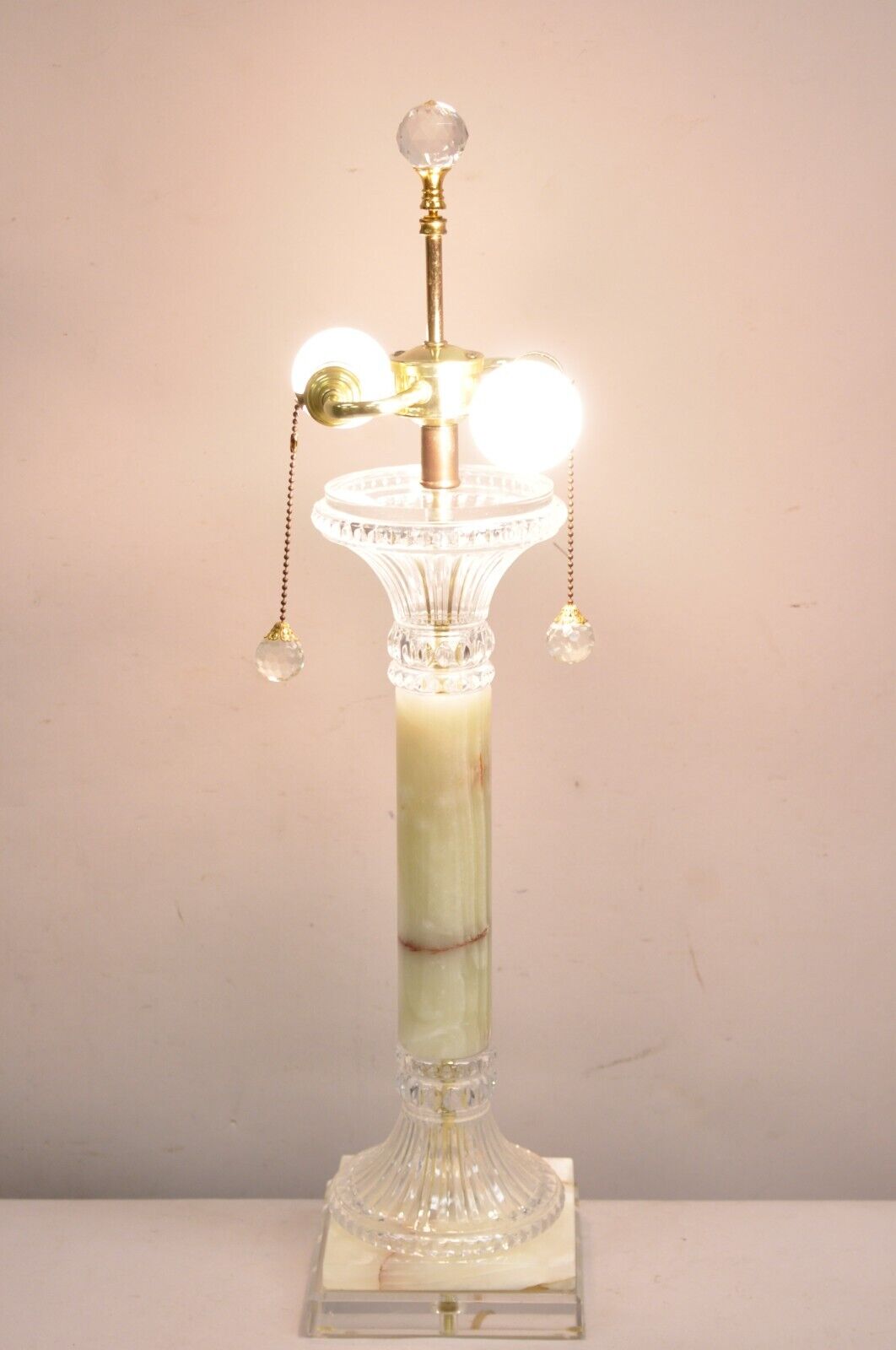 Vintage Hollywood Regency Green Onyx Stone Corinthian Column Table Lamp