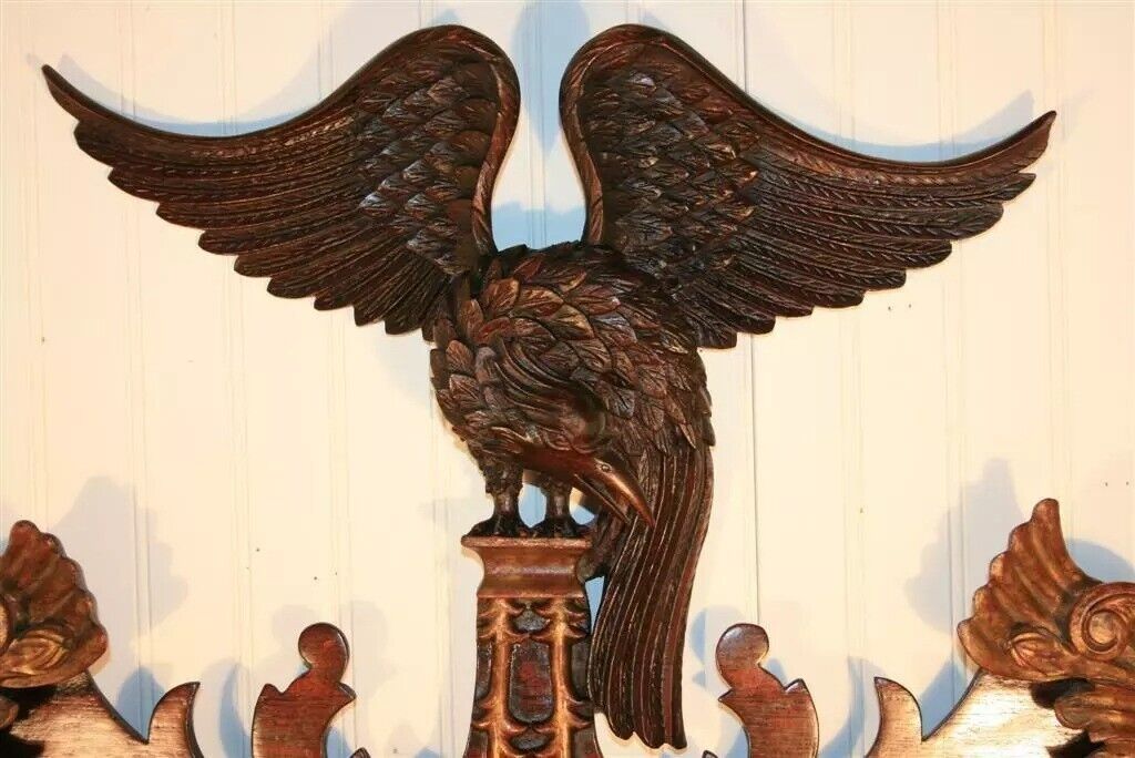 Antique Chippendale Style Mahogany and Giltwood Phoenix Bird Large Wall Mirror