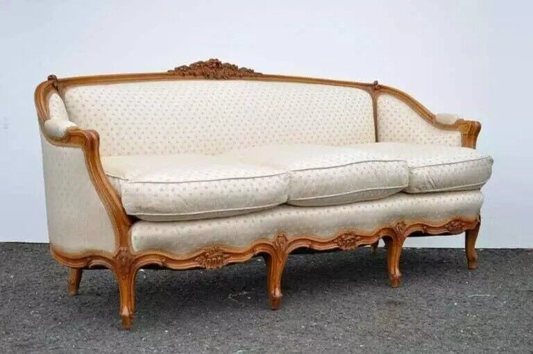 Antique French Louis XV Style Carved Walnut Gold Upholstered Sofa Canape