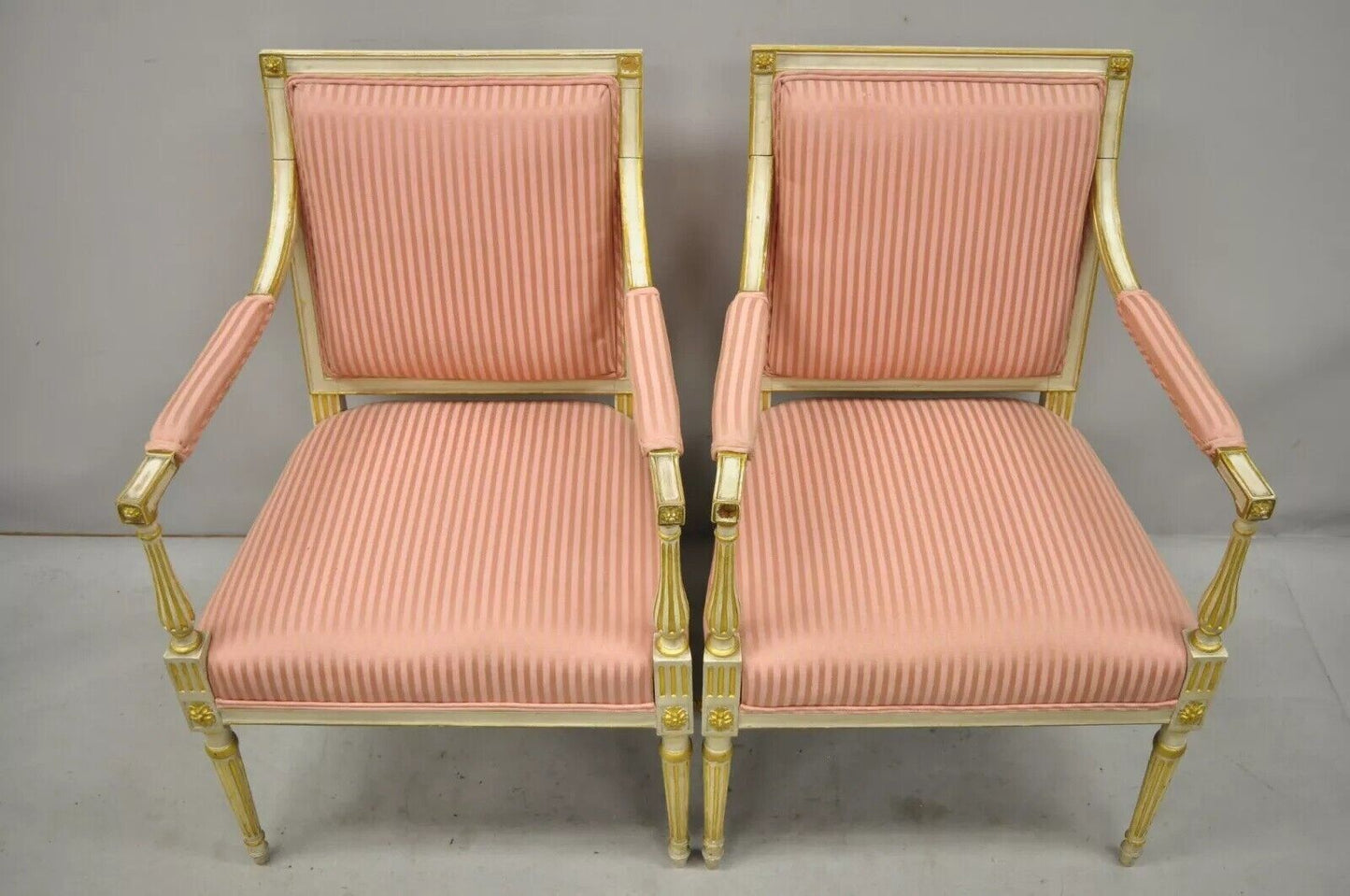 Italian Neoclassical Parcel Gilt Cream Louis XVI Directoire Arm Chairs - a Pair