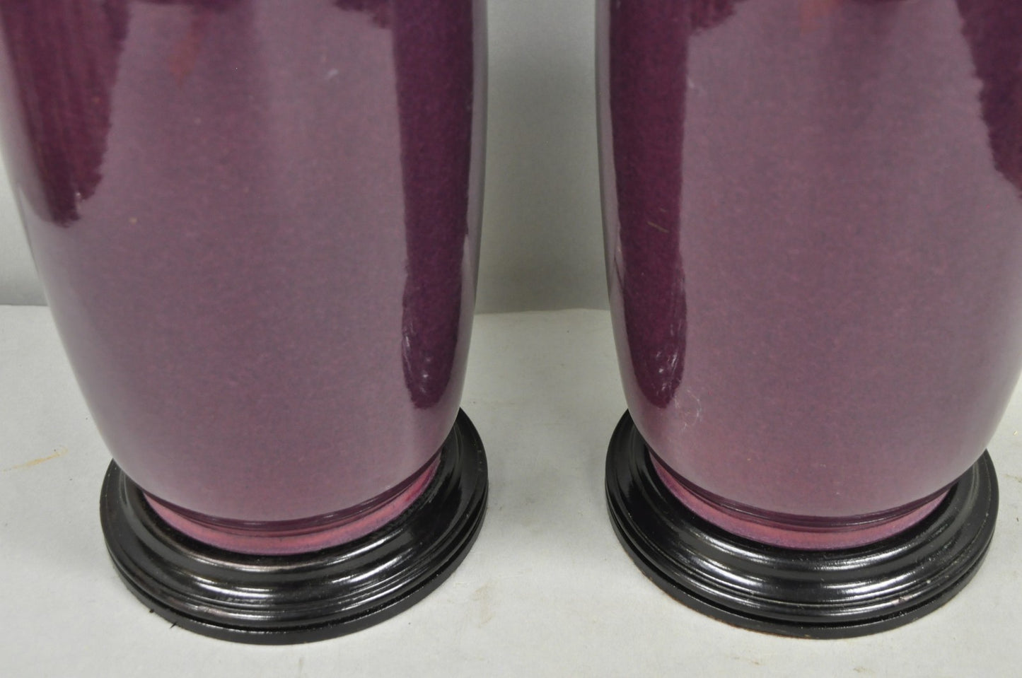 Vintage Chinoiserie Plum Purple Ceramic Porcelain Jardiniere Table Lamps - Pair