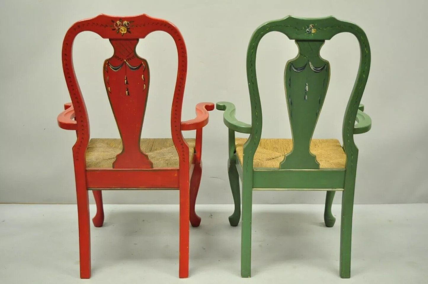 Vintage Queen Anne Style Green and Red Painted Rush Seat Arm Chairs - a Pair