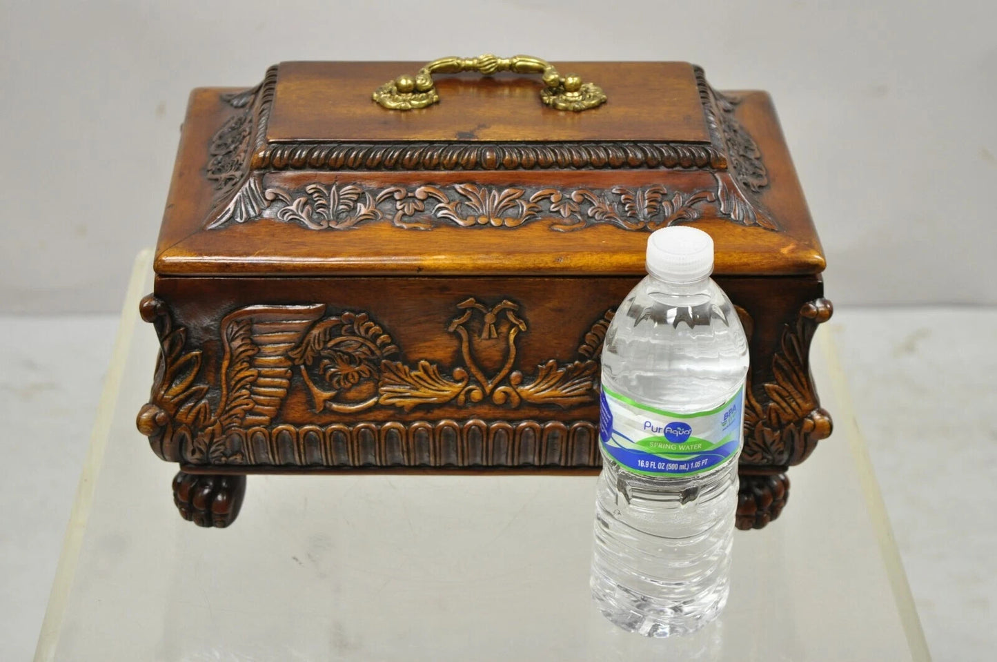 French Empire Rococo Style Carved Mahogany Paw Foot Jewelry Vanity Trinket Box